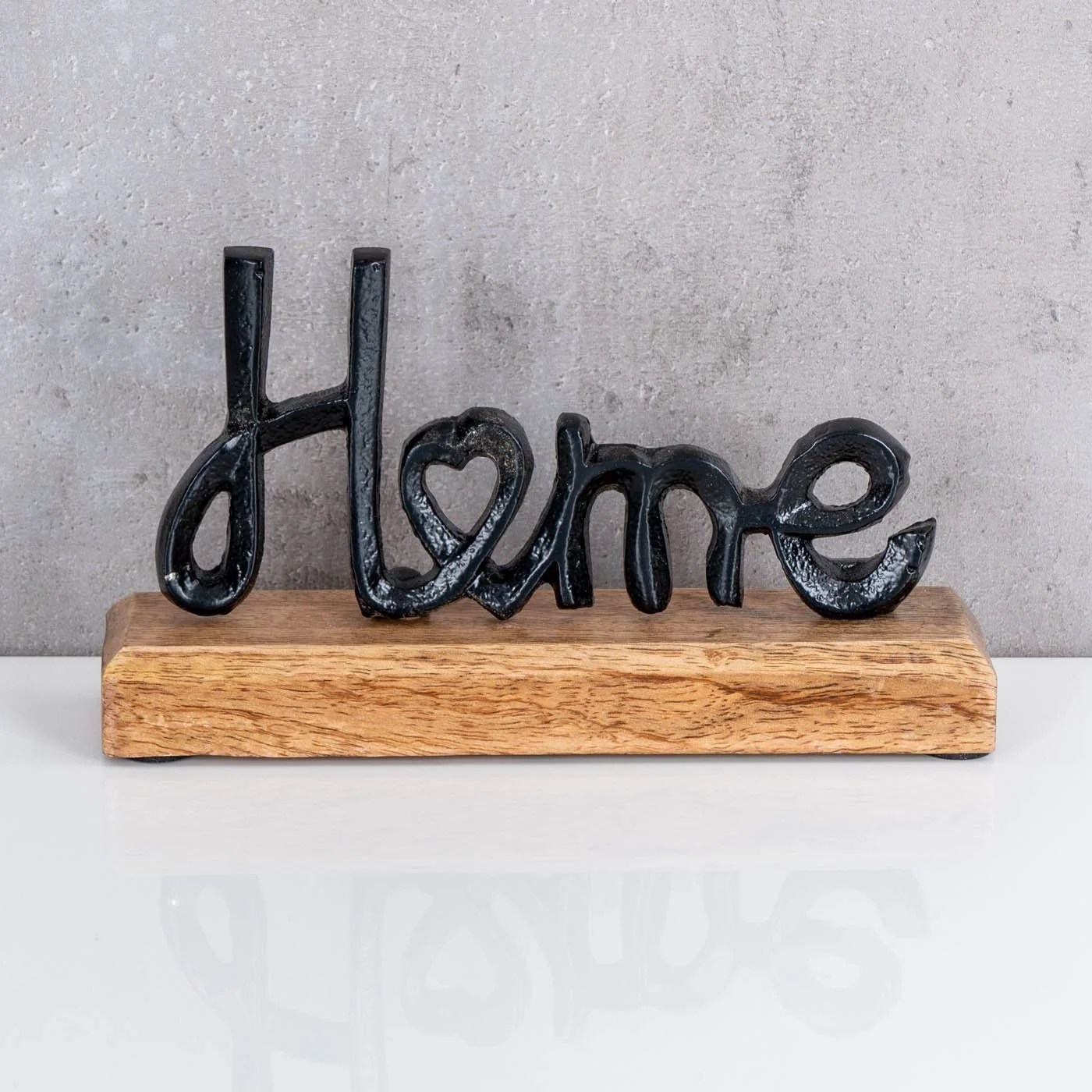 Deko-Schriftzug „Home“ – Metall & Mangoholz, 18 × 11 × 5 cm